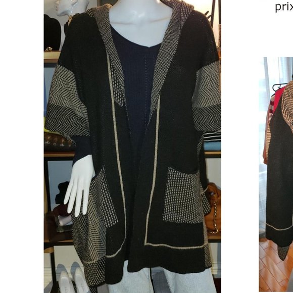 Anthropologie Cocogio Italian Wool/ Alpaca Blend Poncho cape, Tan/Black One Size - Picture 3 of 7